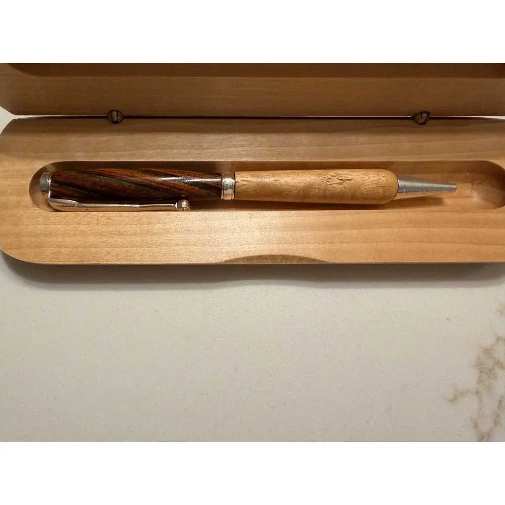 Handmade Two Tone Exotic Wood Ballpoint Pen with Solid Wood Hinged Gift Case